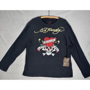 Ed Hardy Love Kills Slowly Long Sleeve Shirt Black Rhinestone Skull XL NWT